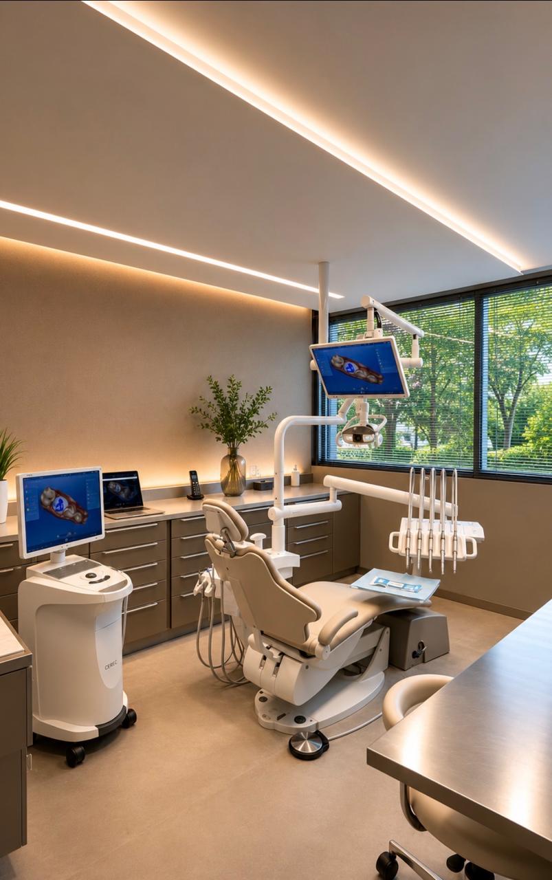Sala de atendimento da Clínica Calazans com tecnologia CEREC para próteses em cerâmica